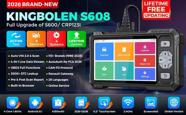 Promotional graphic for a KINGBOLEN S608 bidirectional OBD2 diagnostic scanner, showing the handheld device with touchscreen menus and feature icons such as active test, service functions, and system diagnostics.